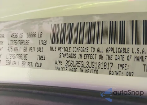 2018 Ram 2500 Longhorn 4X4 6'4 Box z USA, uszkodzony, nr VIN 3C6UR5GL3JG101817